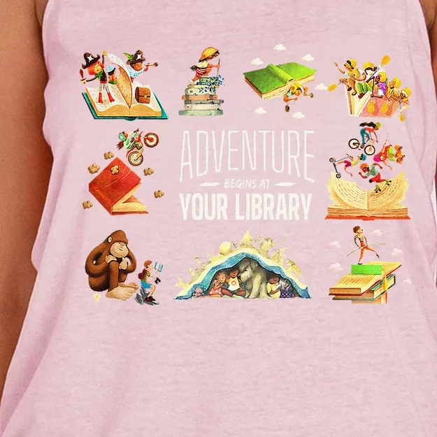 Adventure Begins At Your Library Summer Reading 2024 Funny Women's Knotted Racerback Tank