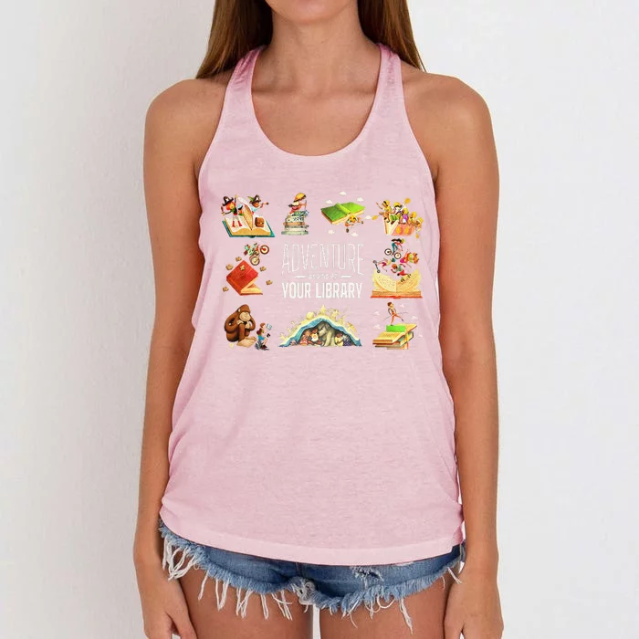 Adventure Begins At Your Library Summer Reading 2024 Funny Women's Knotted Racerback Tank