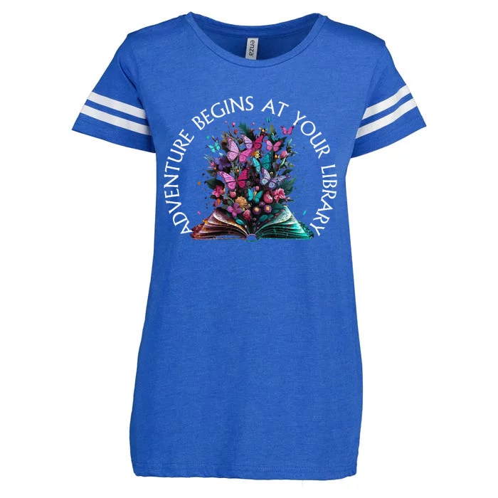 Adventure Begins At Your Library Summer Reading 2024 Enza Ladies Jersey Football T-Shirt