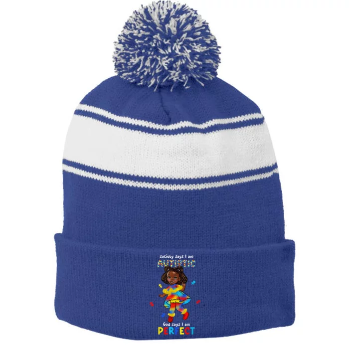 African Black Autistic Girl Kid Toddler Autism Awareness ASD Stripe Pom Pom Beanie