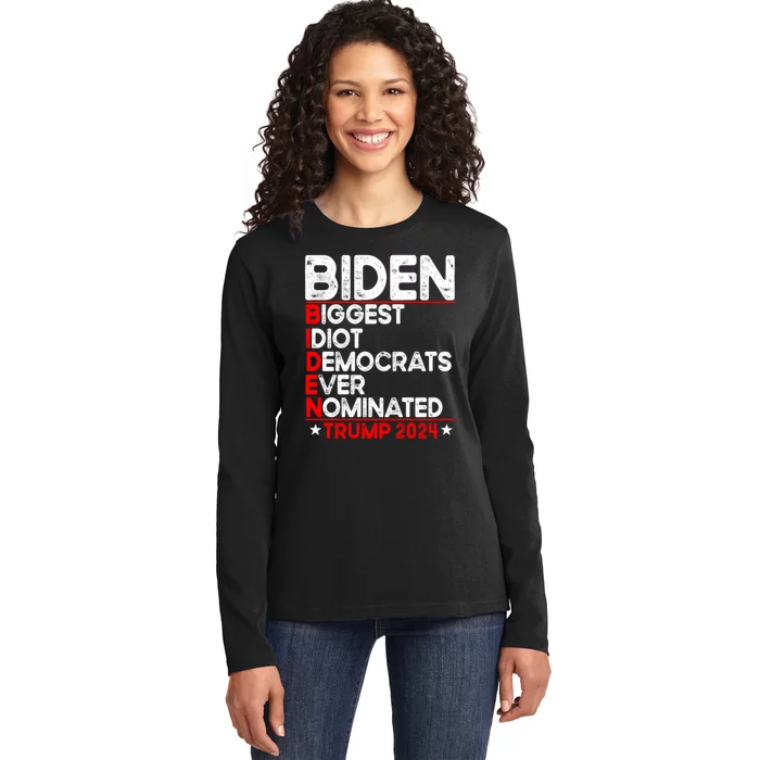 Anti Biden Biggest Idiot Democrats Ever Nominated Trump 2024 Ladies Long Sleeve Shirt