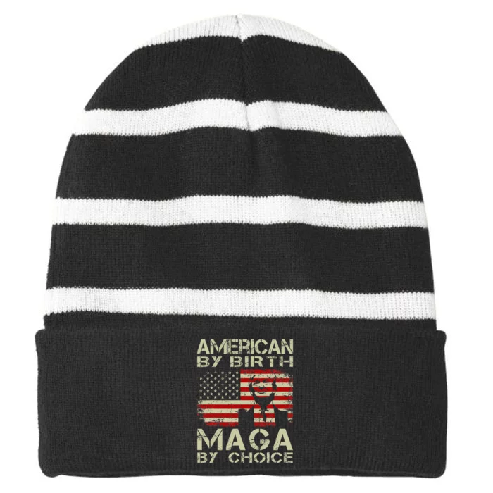 American By Birth Maga By Choice Pro Trump 2024 Us Flag Striped Beanie with Solid Band