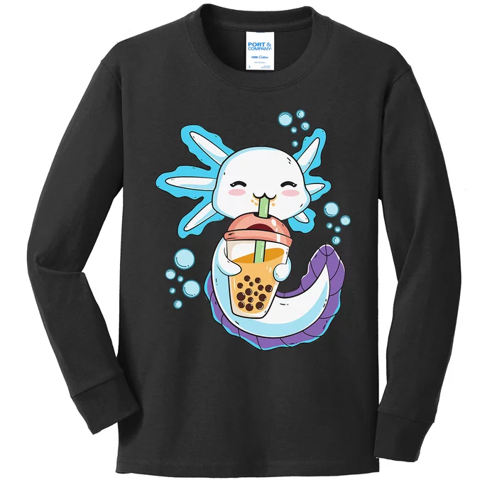 Axolotl Boba Bubble Tea Kawaii Anime Japanese  Teen Kids Long Sleeve Shirt