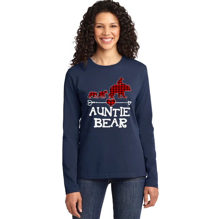 Auntie Bear Christmas Pajama Red Plaid Buffalo Family Ladies Long Sleeve Shirt