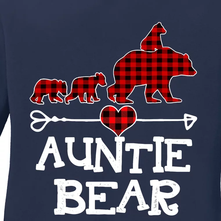 Auntie Bear Christmas Pajama Red Plaid Buffalo Family Ladies Long Sleeve Shirt