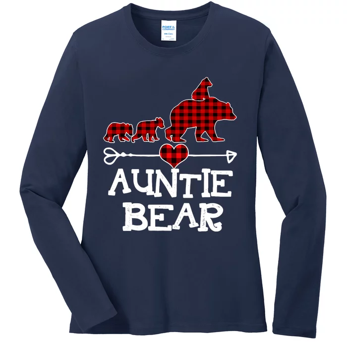 Auntie Bear Christmas Pajama Red Plaid Buffalo Family Ladies Long Sleeve Shirt