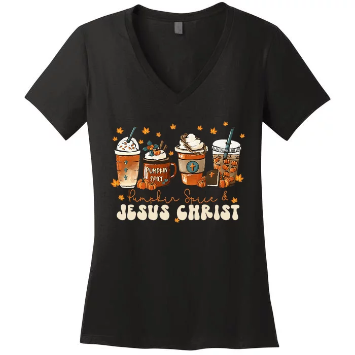 Autumn Blessings Coffee Latte Pumpkin Spice for Thanksgiving Women's V-Neck T-Shirt