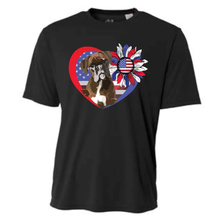 American Boxer Dog Heart 4th Of July USA Flag Patriotic Cooling Performance Crew T-Shirt