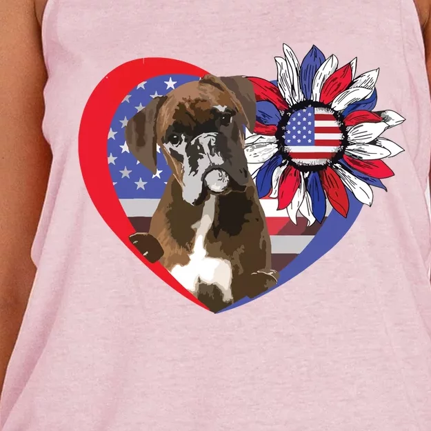 American Boxer Dog Heart 4th Of July USA Flag Patriotic Women's Knotted Racerback Tank