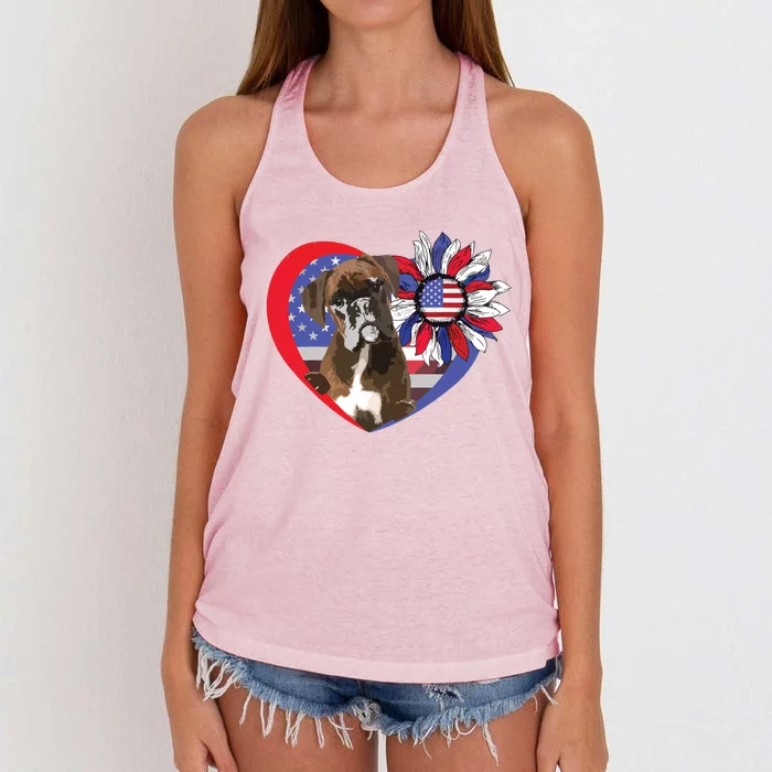 American Boxer Dog Heart 4th Of July USA Flag Patriotic Women's Knotted Racerback Tank