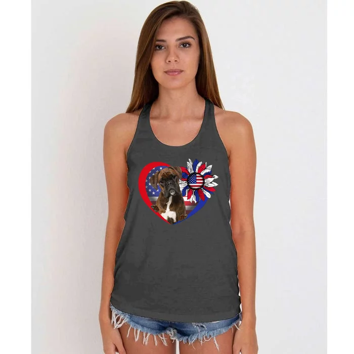 American Boxer Dog Heart 4th Of July USA Flag Patriotic Women's Knotted Racerback Tank