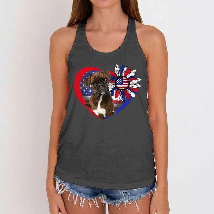 American Boxer Dog Heart 4th Of July USA Flag Patriotic Women's Knotted Racerback Tank