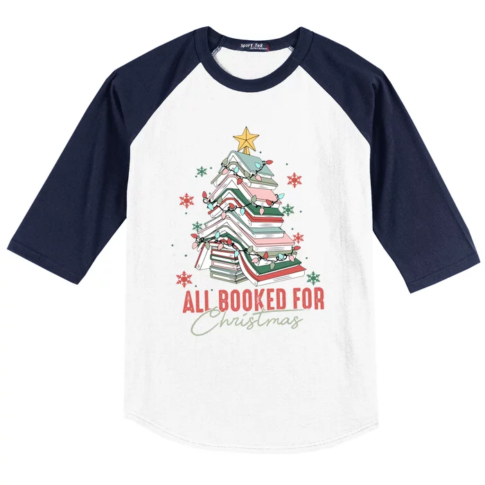 All Booked For Christmas Book Tree Christmas Xmas Lights Gift Baseball Sleeve Shirt