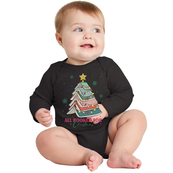 All Booked For Christmas Vintage Librarian Xmas Tree Lights Baby Long Sleeve Bodysuit