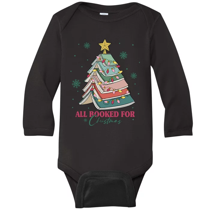 All Booked For Christmas Vintage Librarian Xmas Tree Lights Baby Long Sleeve Bodysuit