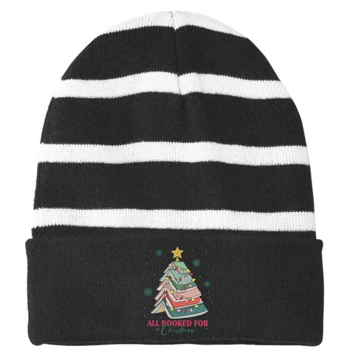 All Booked For Christmas Vintage Librarian Xmas Tree Lights Striped Beanie with Solid Band