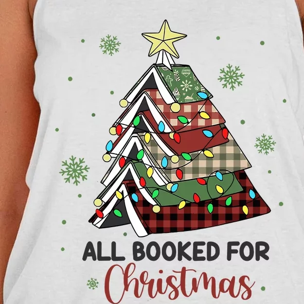 All Booked For Christmas Funny Christmas Book Tree Women's Knotted Racerback Tank