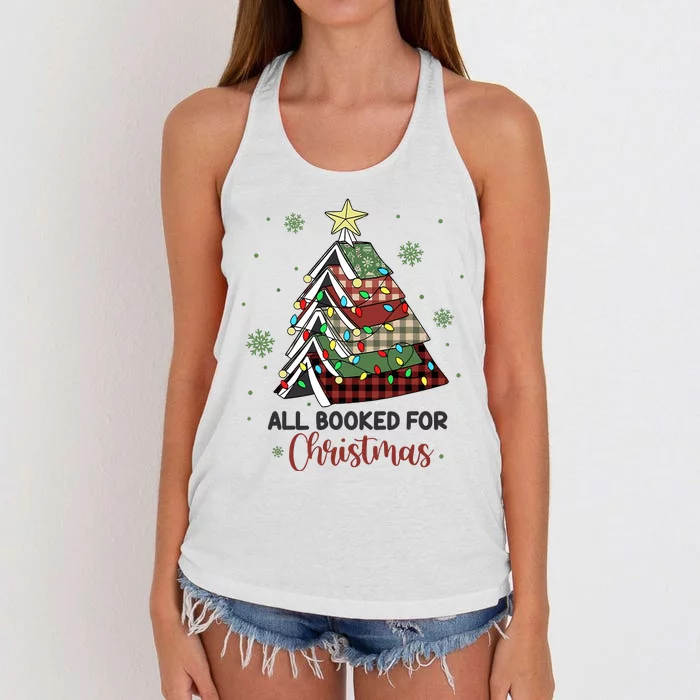 All Booked For Christmas Funny Christmas Book Tree Women's Knotted Racerback Tank