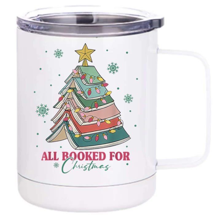 All Booked For Christmas Vintage Librarian Xmas Tree Lights Gift Front & Back 12oz Stainless Steel Tumbler Cup