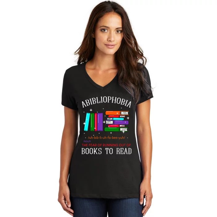 Abibliophobia Bibliophilia Fear Read Bibliophile Bookworm Women's V-Neck T-Shirt