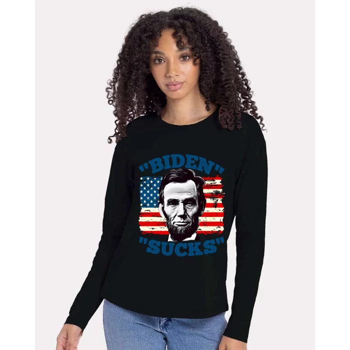 Anti Biden Funny With Lincoln Graphic On American Flag Meaningful Gift Womens Cotton Relaxed Long Sleeve T-Shirt