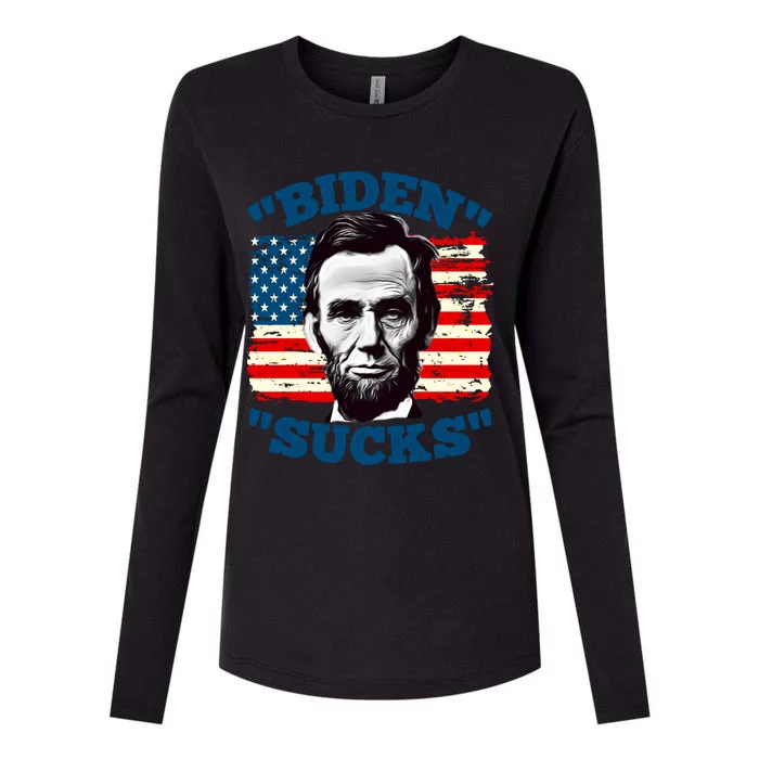 Anti Biden Funny With Lincoln Graphic On American Flag Meaningful Gift Womens Cotton Relaxed Long Sleeve T-Shirt