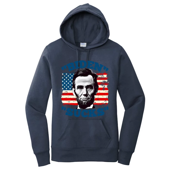 Anti Biden Funny With Lincoln Graphic On American Flag Meaningful Gift Women's Pullover Hoodie