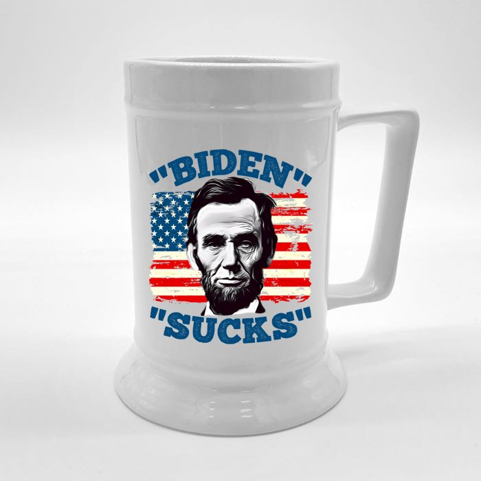 Anti Biden Funny With Lincoln Graphic On American Flag Meaningful Gift Front & Back Beer Stein