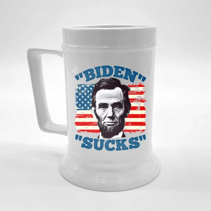 Anti Biden Funny With Lincoln Graphic On American Flag Meaningful Gift Front & Back Beer Stein