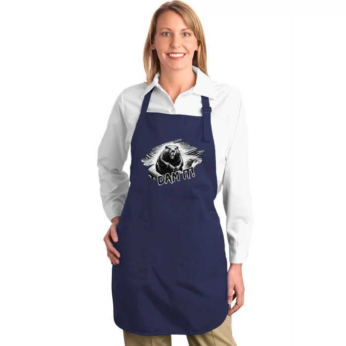 Angry Beaver Funny Dam It Full-Length Apron With Pocket