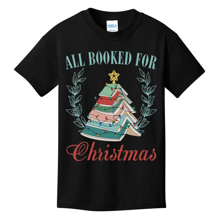 All Booked For Christmas Reading Pine Trees Wreath Lights Kids T-Shirt