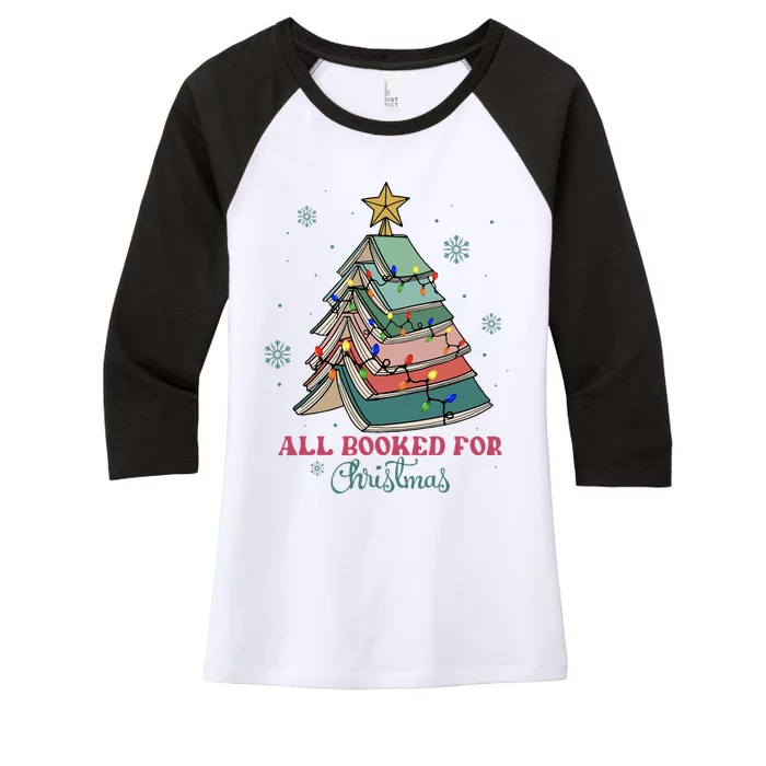 All Booked For Christmas Librarian Christmas Book Tree Women's Tri-Blend 3/4-Sleeve Raglan Shirt