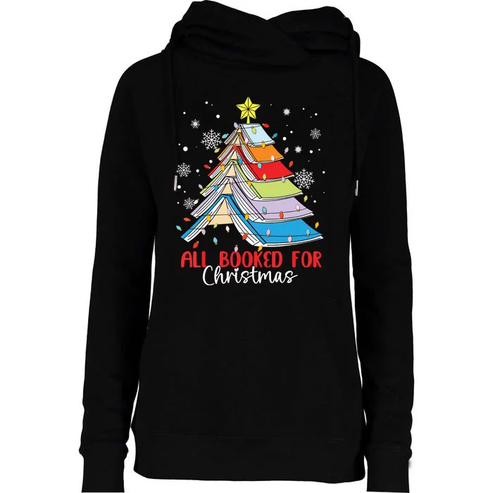 All Booked For Christmas Book Christmas Tree Lights Womens Funnel Neck Pullover Hood