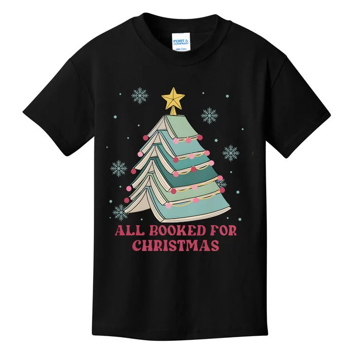 All Booked For Christmas Funny Christmas Book Tree Kids T-Shirt