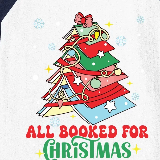 All Booked For Christmas Groovy Christmas Book Tree Squad Baseball Sleeve Shirt