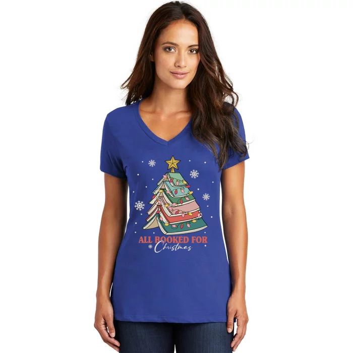 All Booked For Christmas Book Lover Christmas Book Tree Meaningful Gift Women's V-Neck T-Shirt