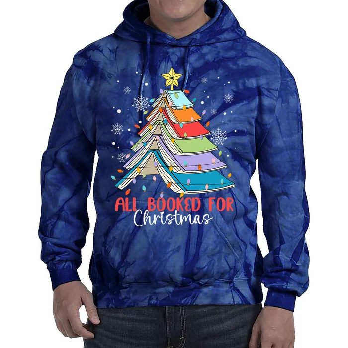 All Booked For Christmas Book Christmas Tree Lights Tie Dye Hoodie