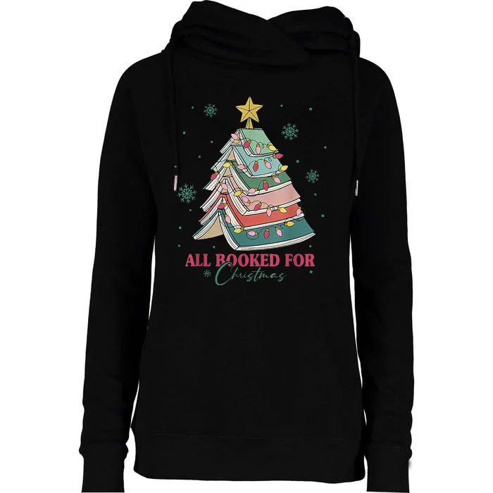 All Booked For Christmas Vintage Librarian Xmas Tree Lights Womens Funnel Neck Pullover Hood