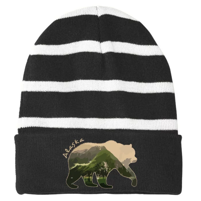 Alaska Bear Grizzly Bear Striped Beanie with Solid Band