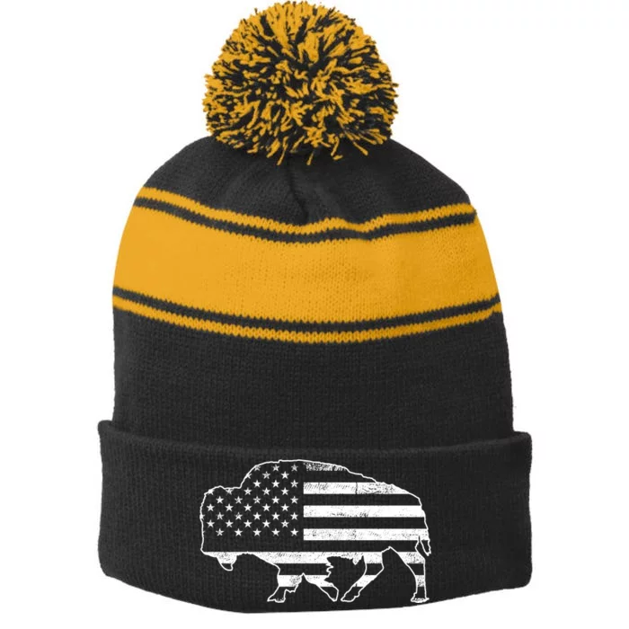 American Bison Gray Style Vintage Flag Stripe Pom Pom Beanie