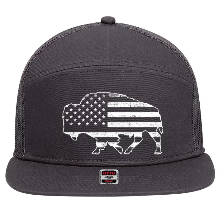 American Bison Gray Style Vintage Flag 7 Panel Mesh Trucker Snapback Hat