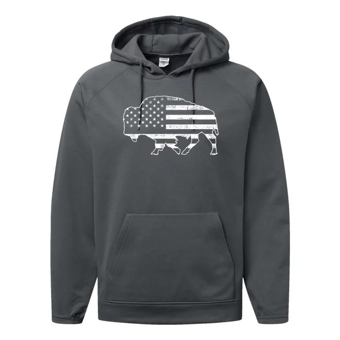 American Bison Gray Style Vintage Flag Performance Fleece Hoodie