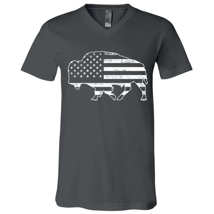 American Bison Gray Style Vintage Flag V-Neck T-Shirt