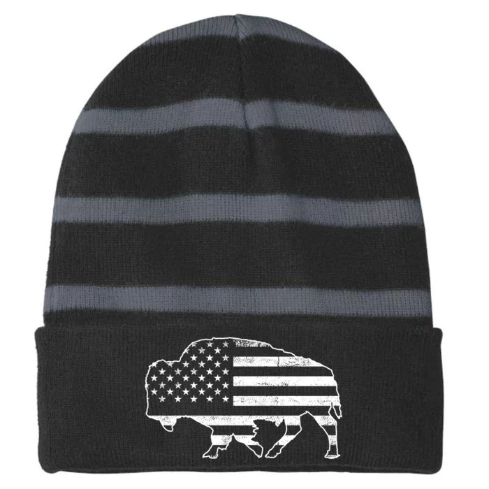 American Bison Gray Style Vintage Flag Striped Beanie with Solid Band