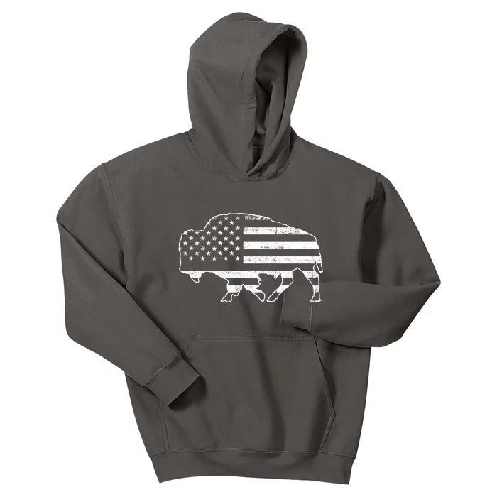 American Bison Gray Style Vintage Flag Kids Hoodie