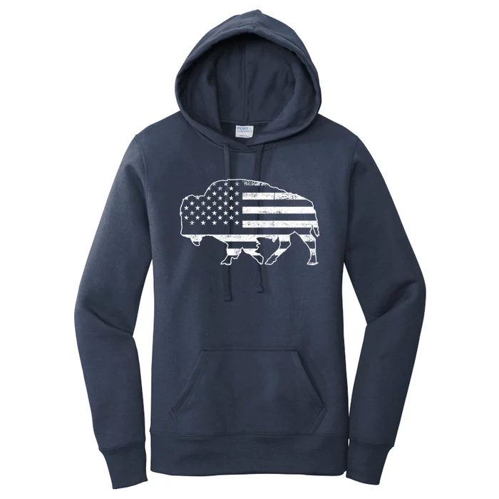 American Bison Gray Style Vintage Flag Women's Pullover Hoodie