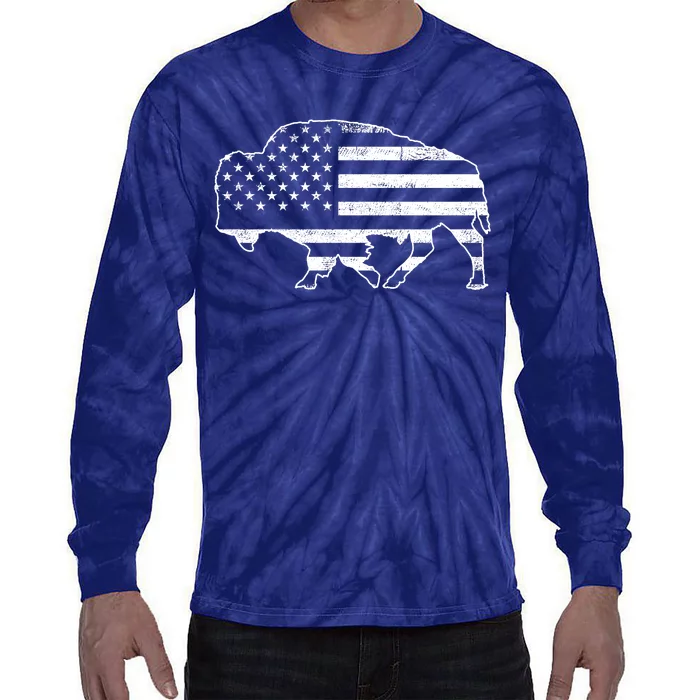 American Bison Gray Style Vintage Flag Tie-Dye Long Sleeve Shirt