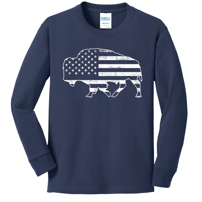 American Bison Gray Style Vintage Flag Kids Long Sleeve Shirt