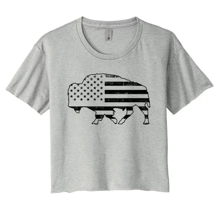 American Bison Gray Style Vintage Flag Women's Crop Top Tee