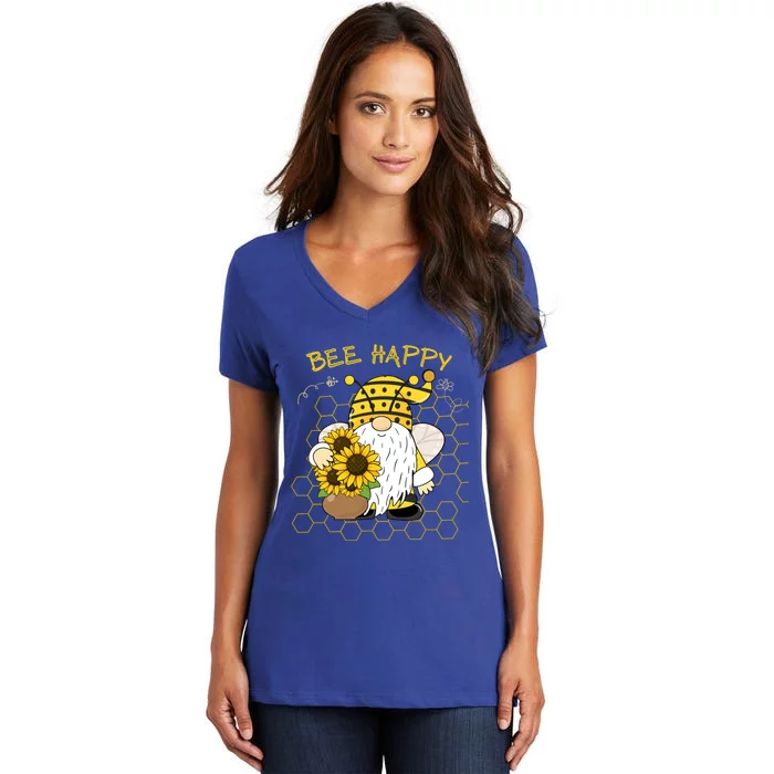 Adorable Bee Happy Bee Gnome With Sunflowers Gift Women's V-Neck T-Shirt